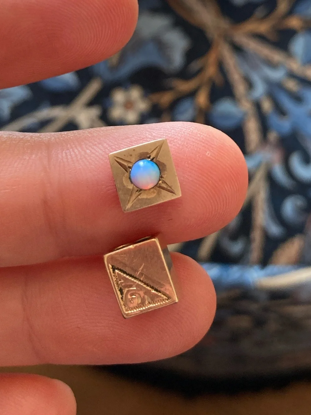 Antique Victorian Opal Starburst & Engraved Detail Gold Watch Chain Slide Charms